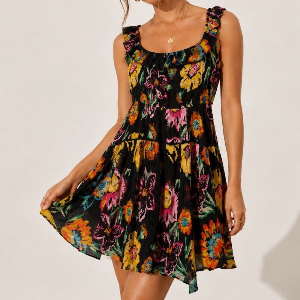 Urban Outfitters Floral Mini Dress M Hi-Low Black Multicolor Fit & Flare Ruffle